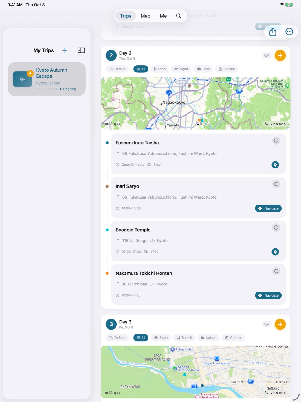 SimpleTrip on iPad with the trip list beside Day 2 and Day 3 of the same demo itinerary.