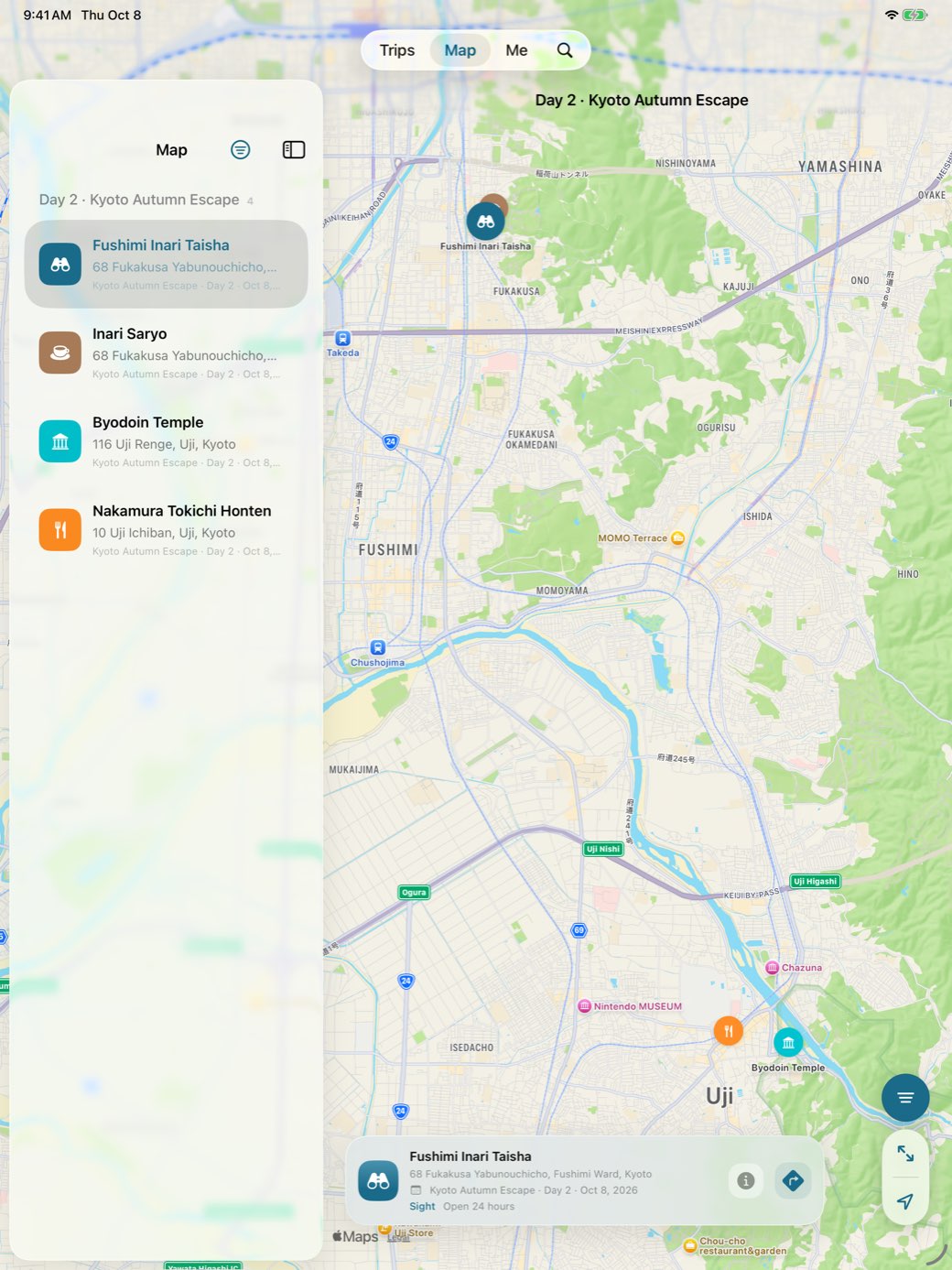 SimpleTrip on iPad with Day 2’s places listed beside a full map.