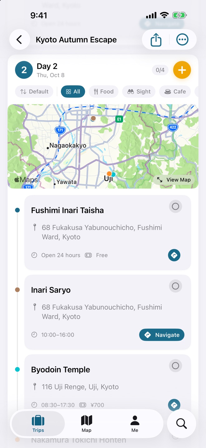 SimpleTrip on iPhone showing Day 2 of a demo Kyoto trip: a map preview above the day’s places, with opening hours and navigation buttons.