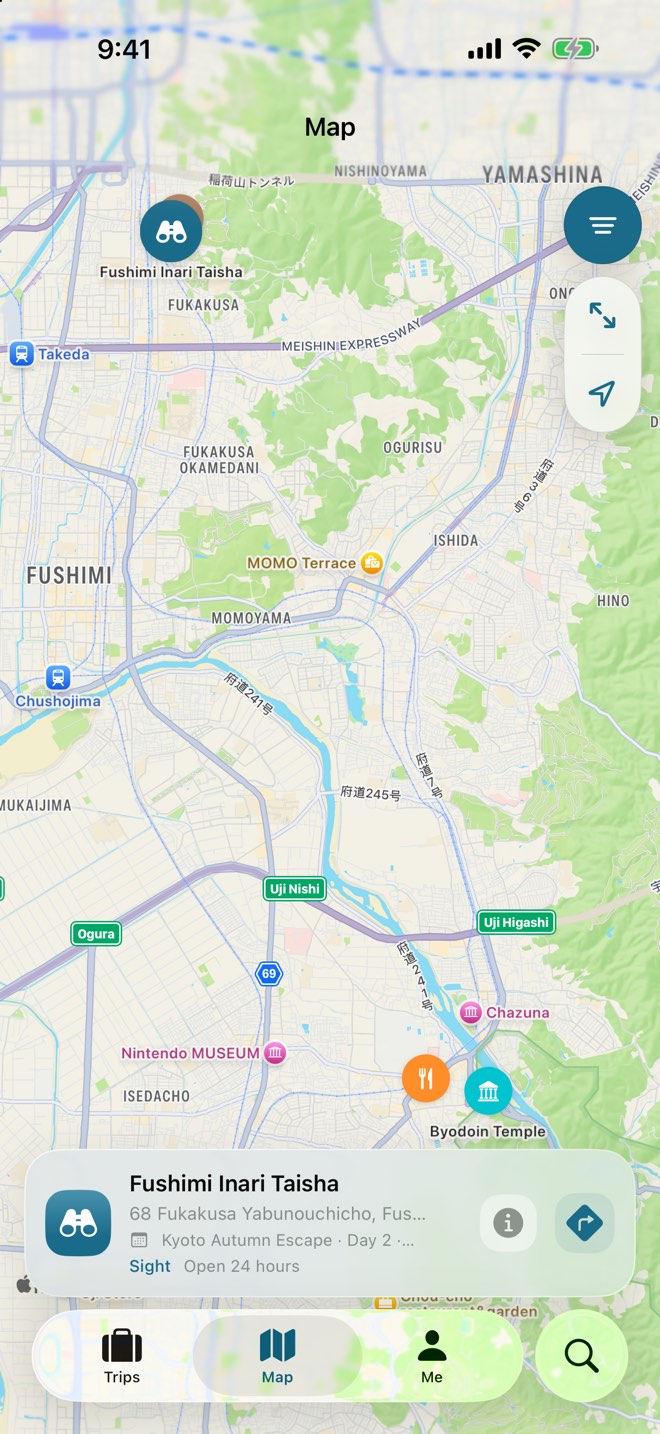 SimpleTrip map on iPhone with the day’s places pinned and one place selected, showing its address and a button to open directions.