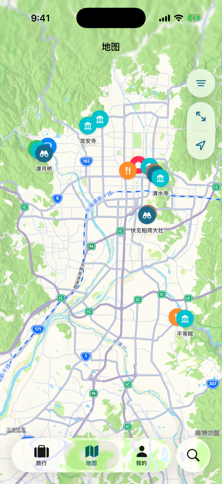 iPhone simulator capture of a Simplified Chinese SimpleTrip development build, showing categorized saved places and points of interest across Kyoto in the compact map.